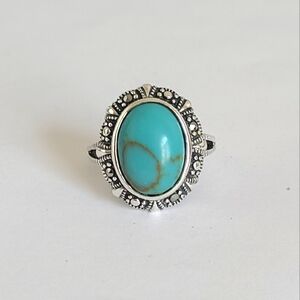 Vintage Boho Marcasite Crystal Halo Turquoise Cabochon Sterling Silver Ring